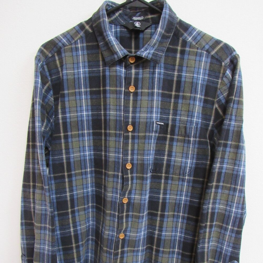 Volcom Casual Button-Down Shirt Men's Blue Green Plaid L Cotton Flannel Modern‎